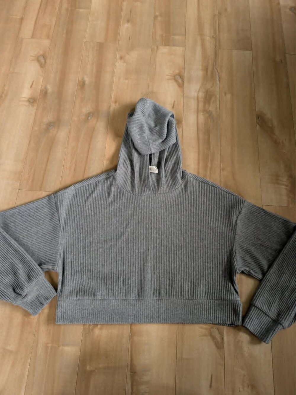 Alo Yoga Ribbed Cropped Hoodie Gray Waffle Knit Small Clean Girl Athleisure